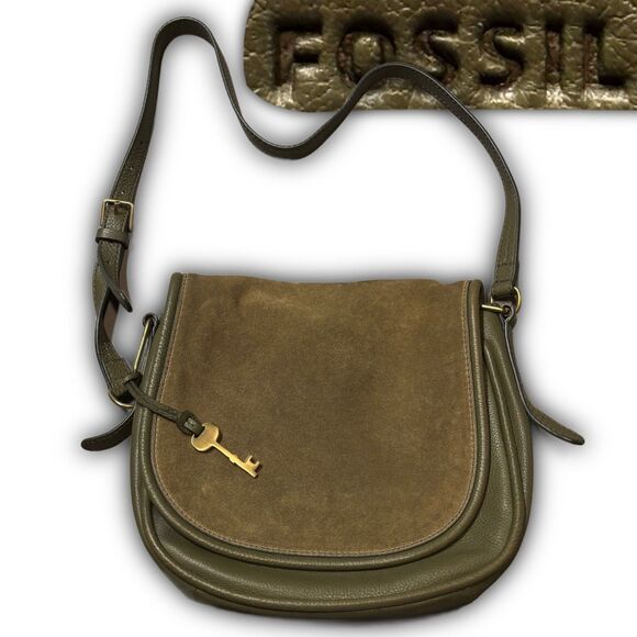 Fossil Handbags - Fossil Olive Green Pebbled Leather & Suede Saddle Bag